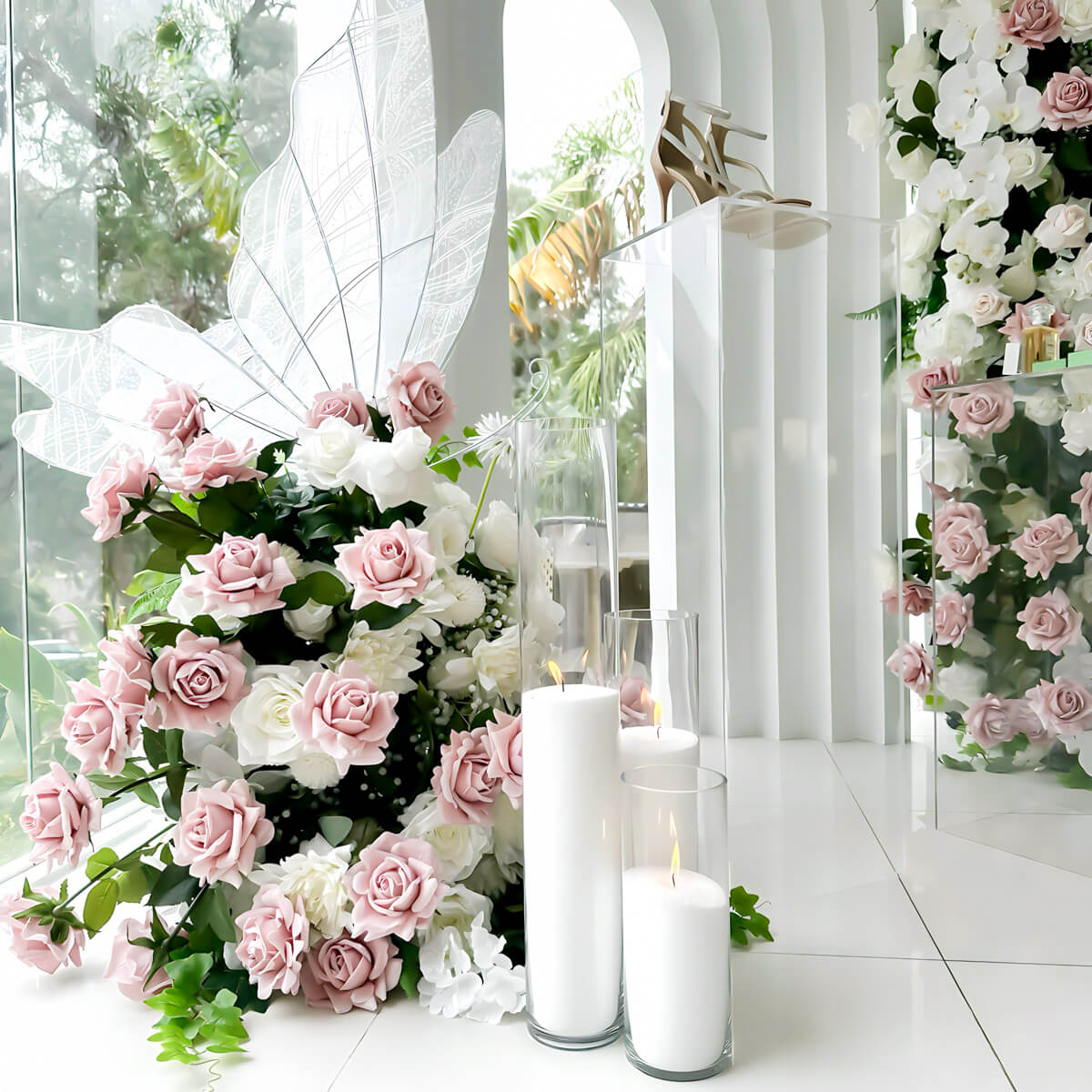 wedding heels placed on clear plinth with pink and white flower arrangement and white sand candles