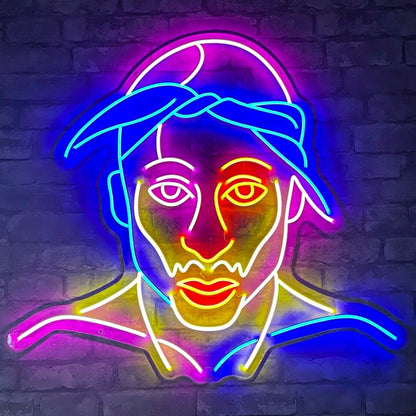 multicoloured tupac neon sign hanging on bar wall