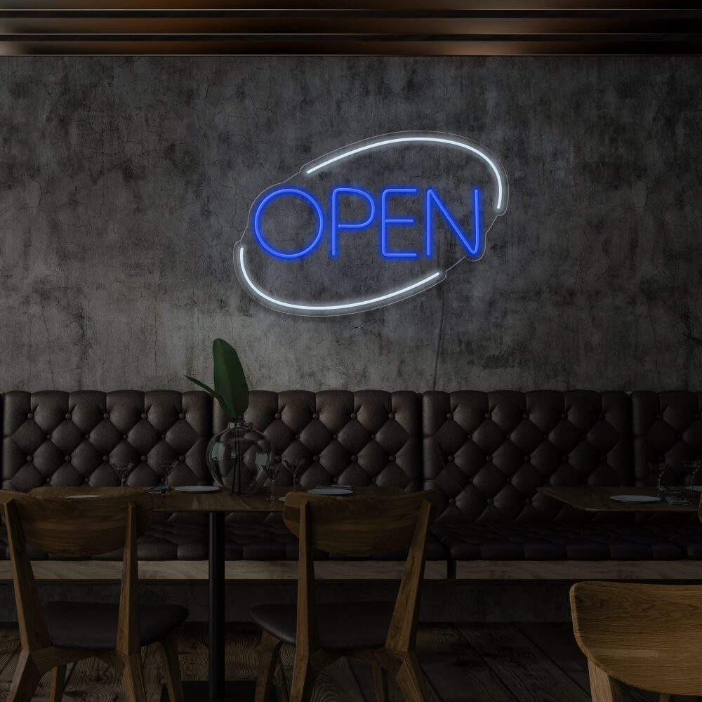 blue open neon sign hanging on restaurant wall