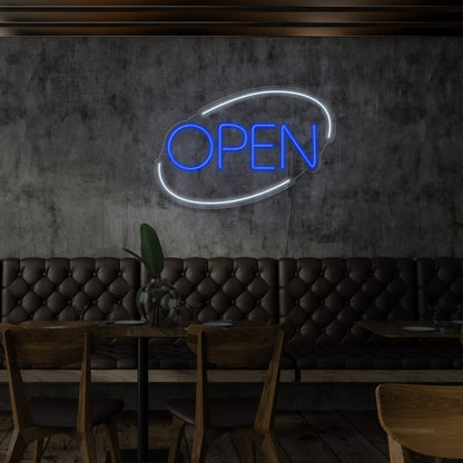 blue open neon sign hanging on restaurant wall