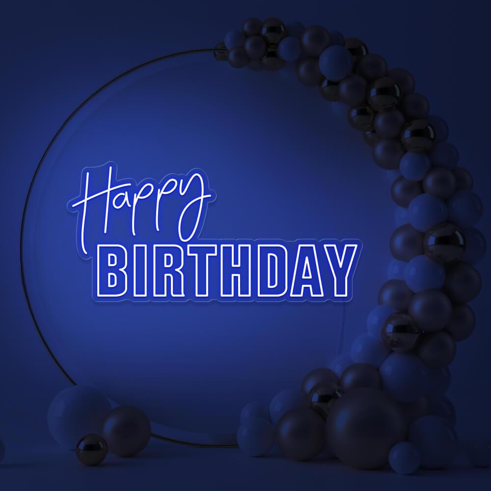 blue happy birthday neon sign hanging inside gold hoop balloon backdrop