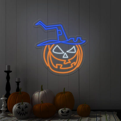 blue pumpkin hat neon sign hanging on wall next to pumpkins