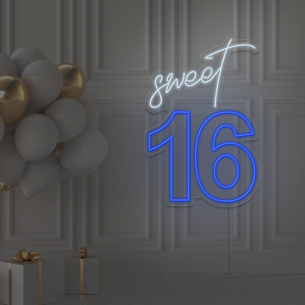 blue sweet 16 neon sign hanging on wall