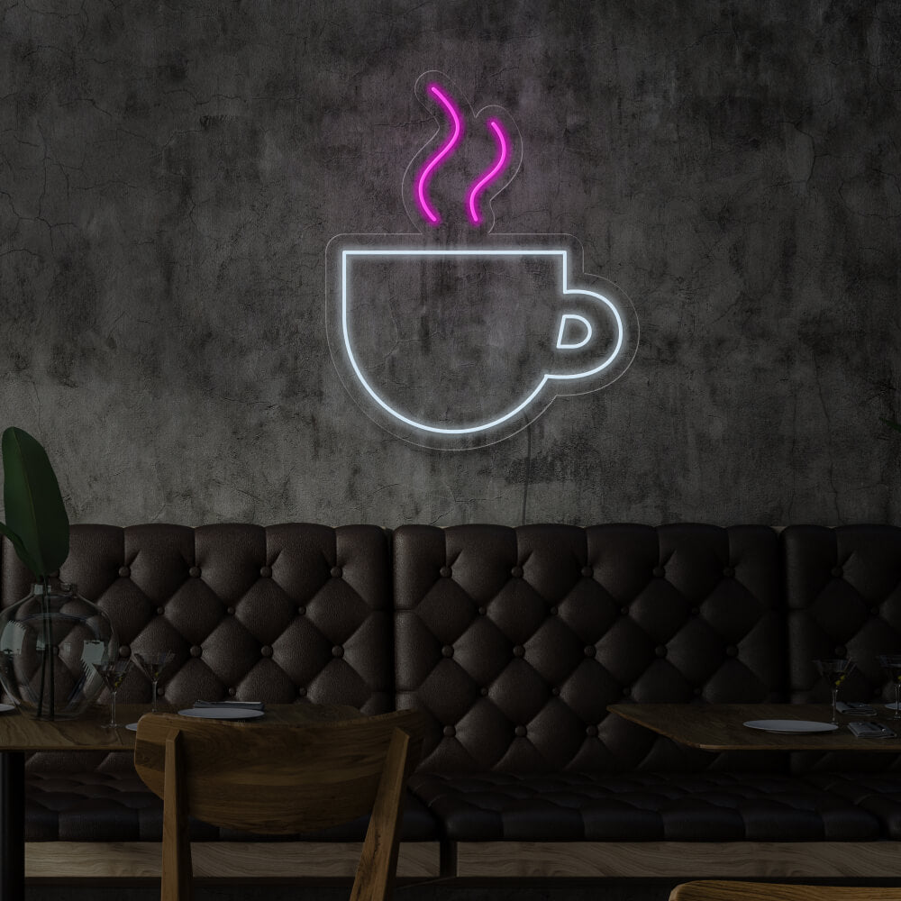 cold white coffee cup neon sign hanging on cafe wall