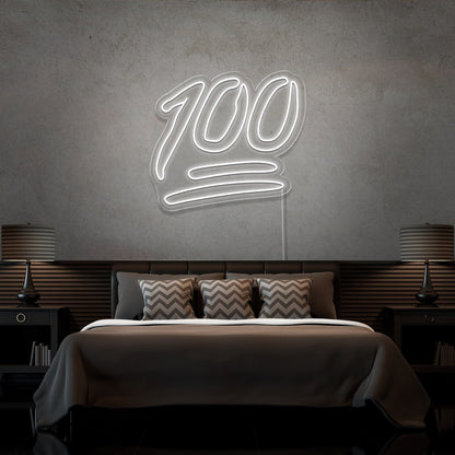 cold white 100 neon sign hanging on bedroom wall