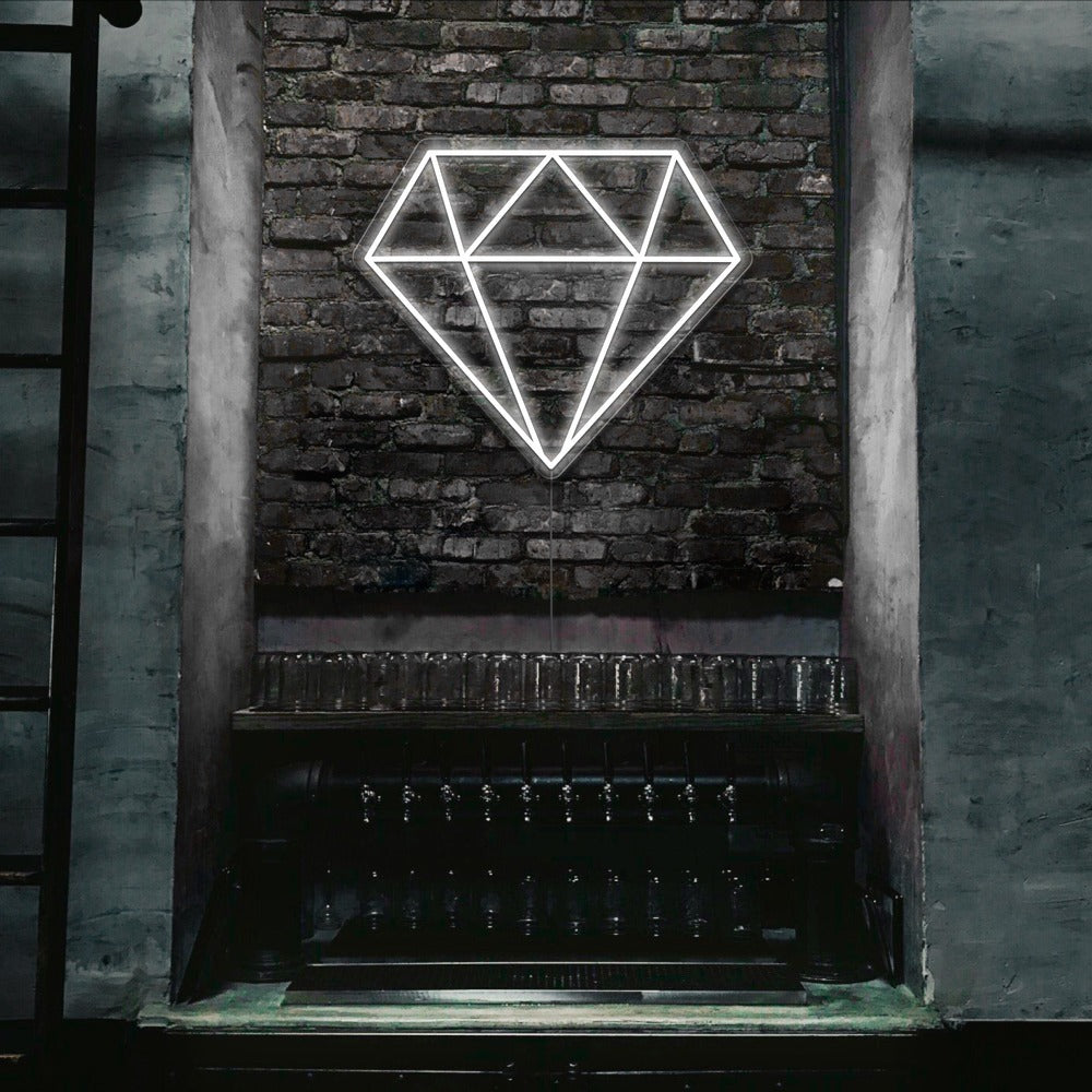  warm cold white diamond neon sign hanging on bar wall