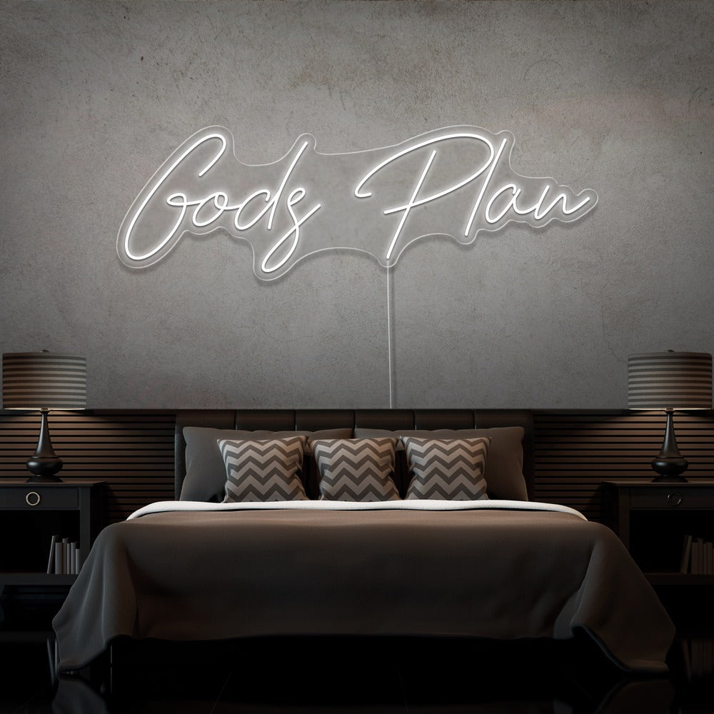 cold white gods plan neon sign hanging on bedroom wall