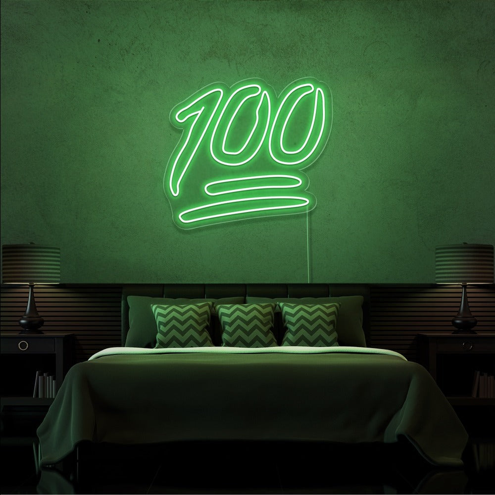 green 100 neon sign hanging on bedroom wall