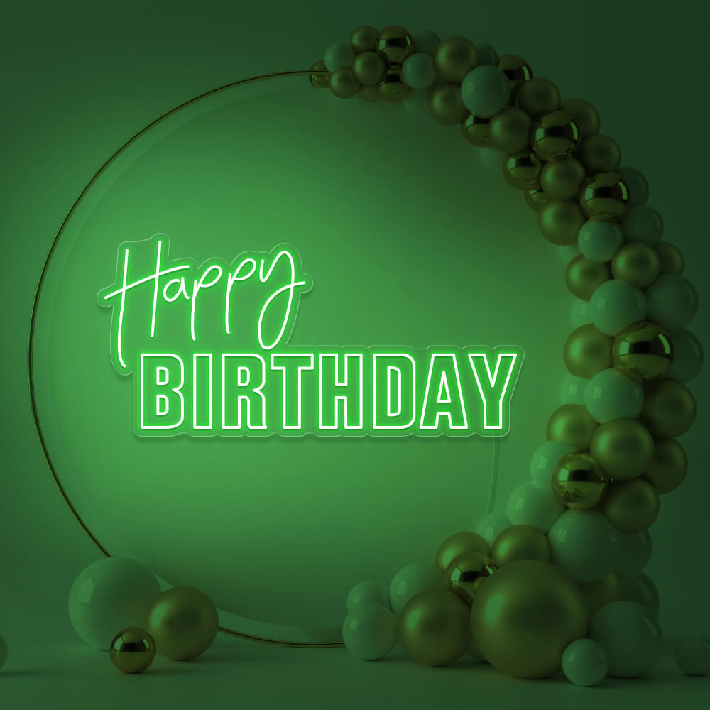 green happy birthday neon sign hanging inside gold hoop balloon backdrop