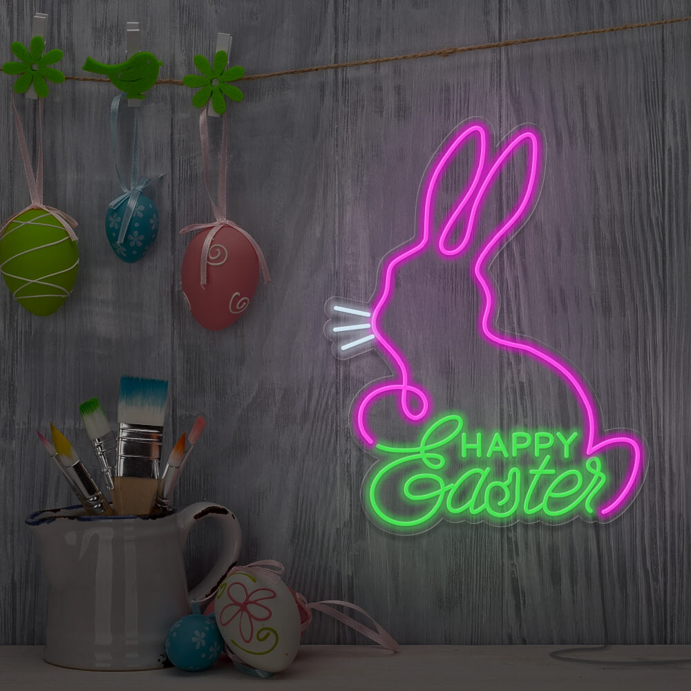 green happy easter bunny neon sign hanging on wall