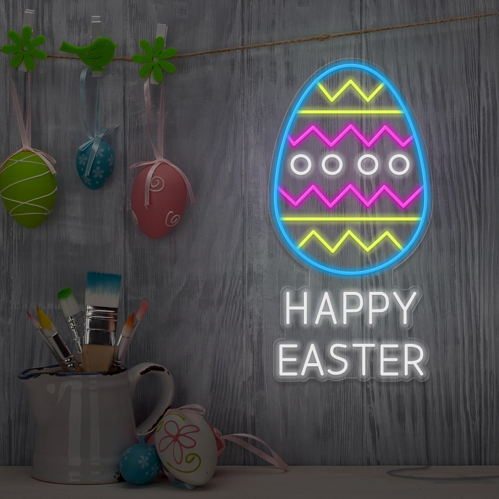 ice blue happy easter egg neon sign hanging on wall