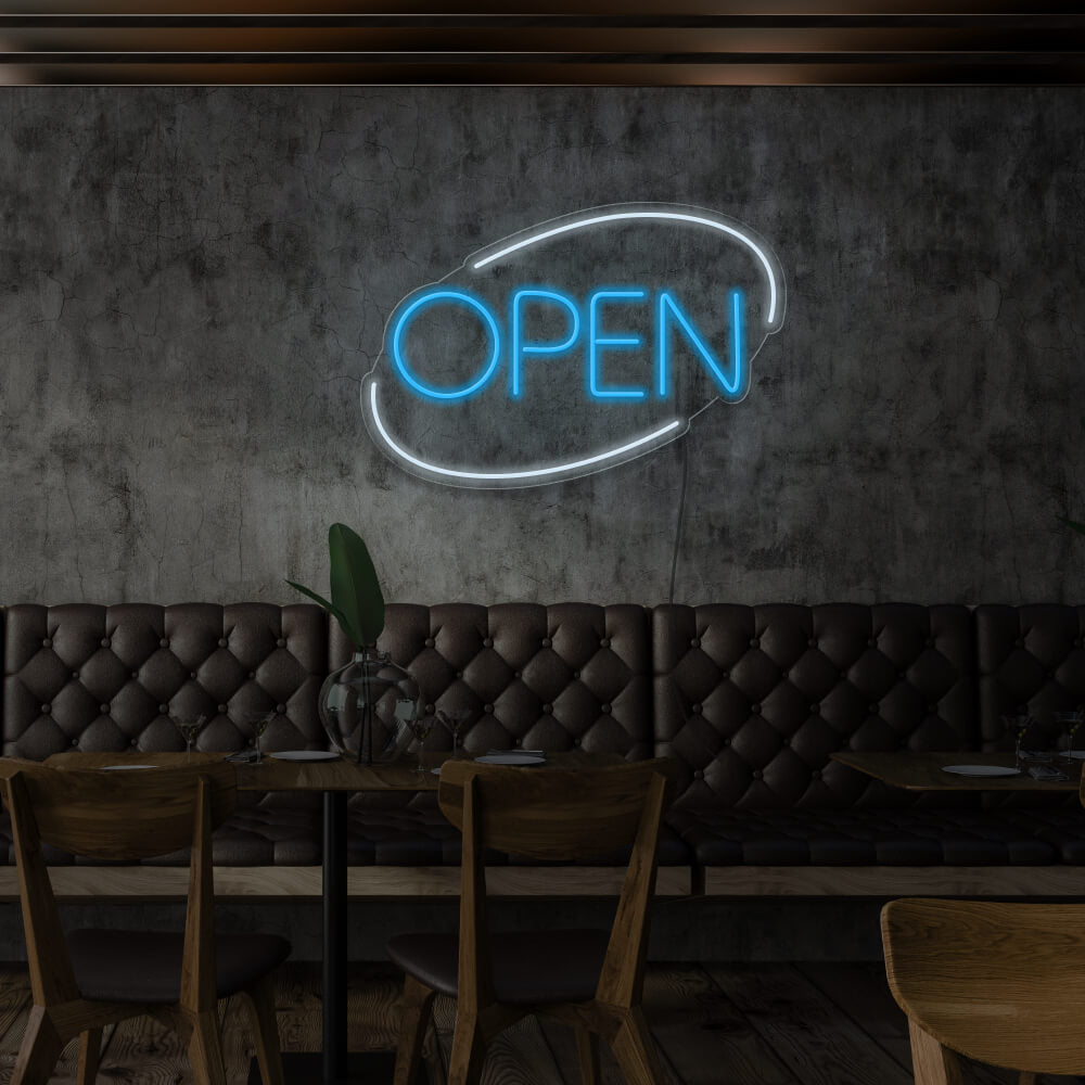 ice blue open neon sign hanging on restaurant wall