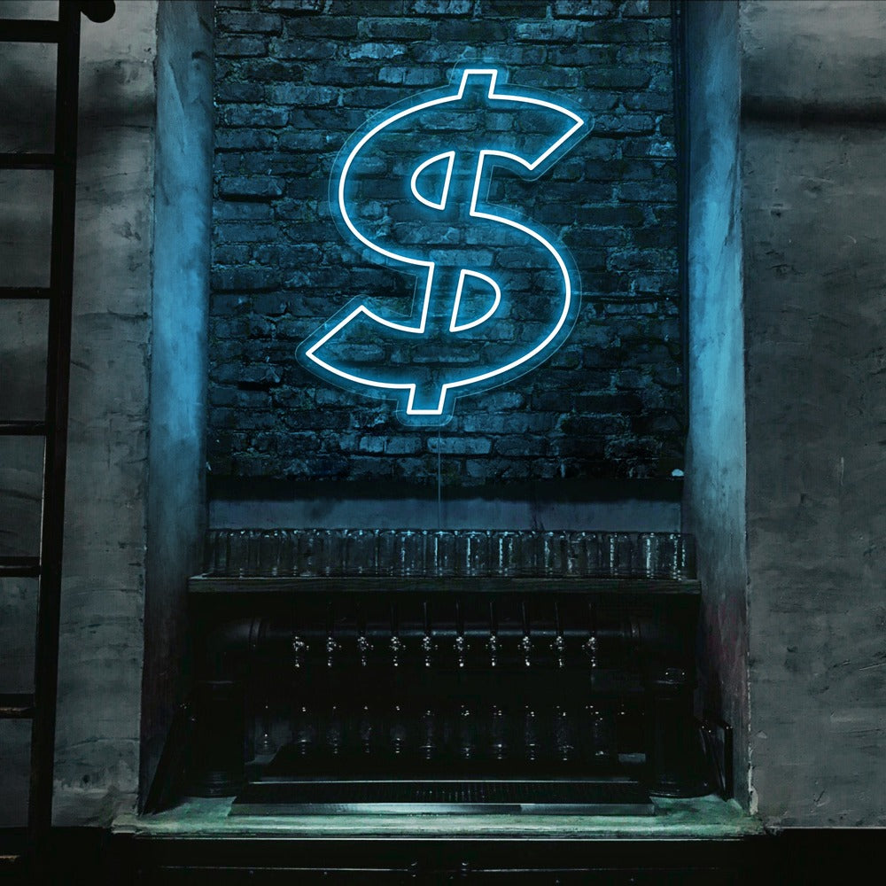 ice blue dollar neon sign hanging on bar wall