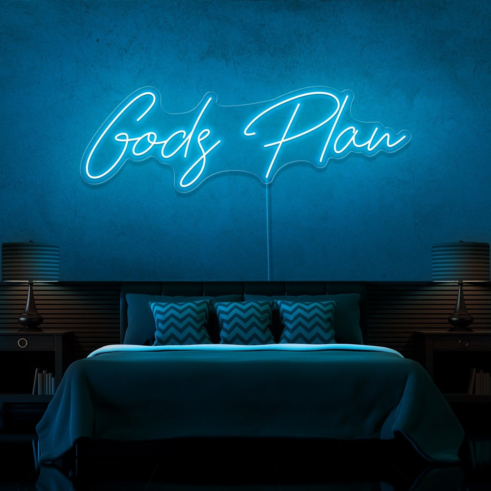 ice blue gods plan neon sign hanging on bedroom wall
