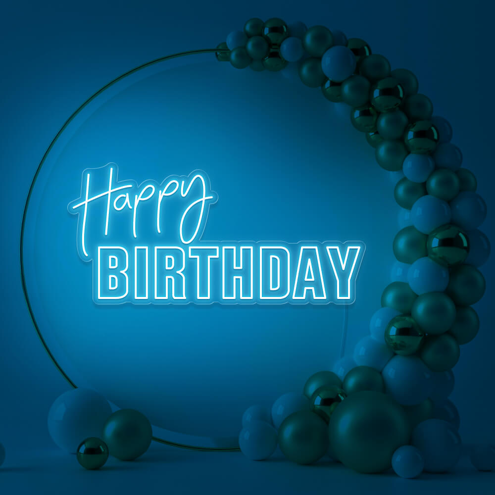 ice blue happy birthday neon sign hanging inside gold hoop balloon backdrop