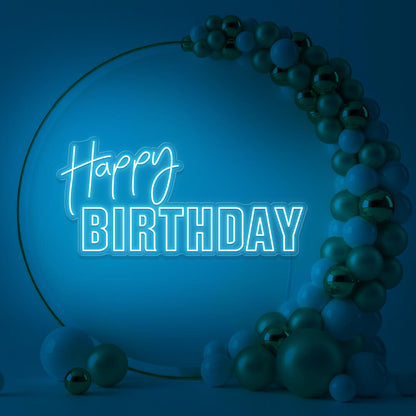 ice blue happy birthday neon sign hanging inside gold hoop balloon backdrop