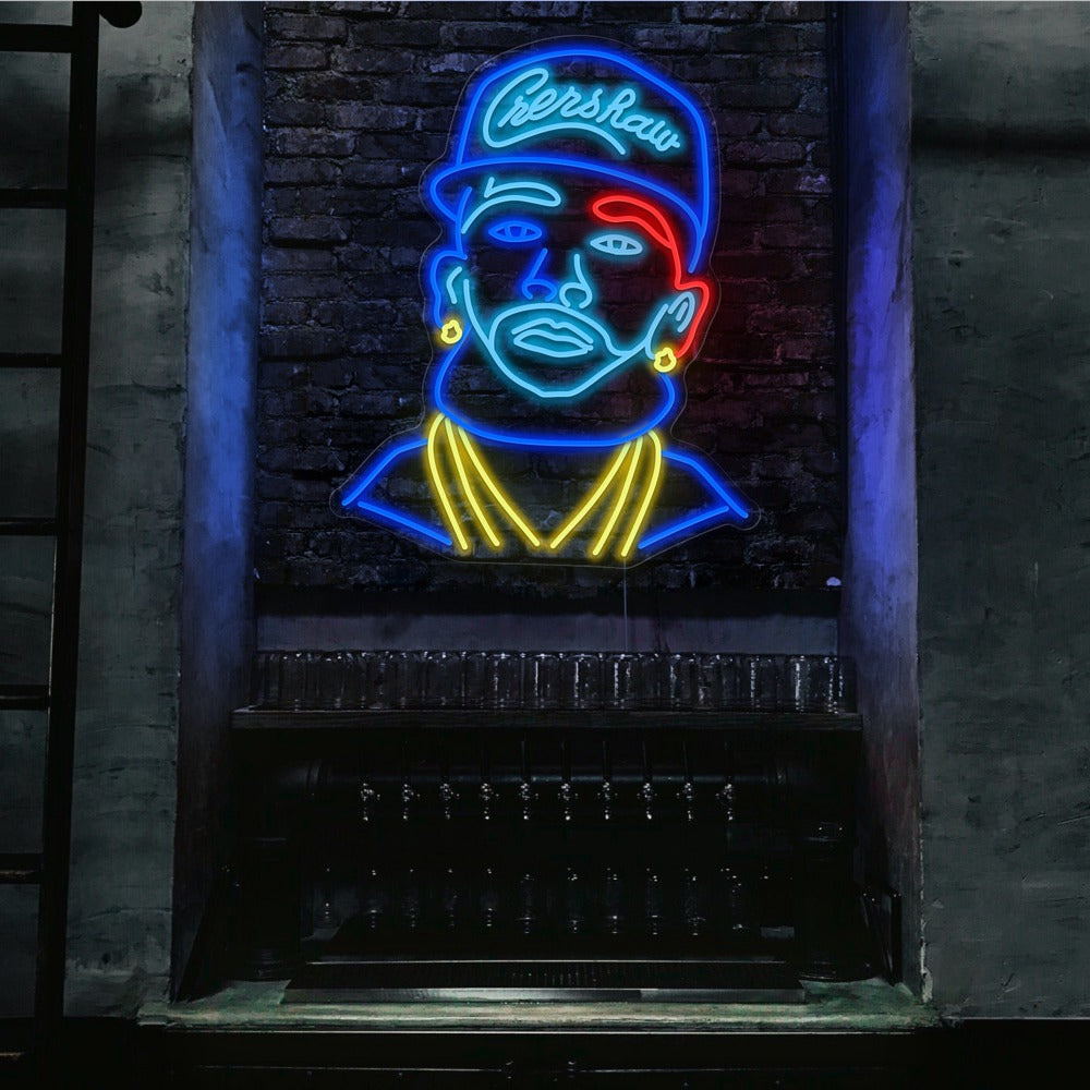 multicoloured nipsey hussle neon sign hanging on bar wall