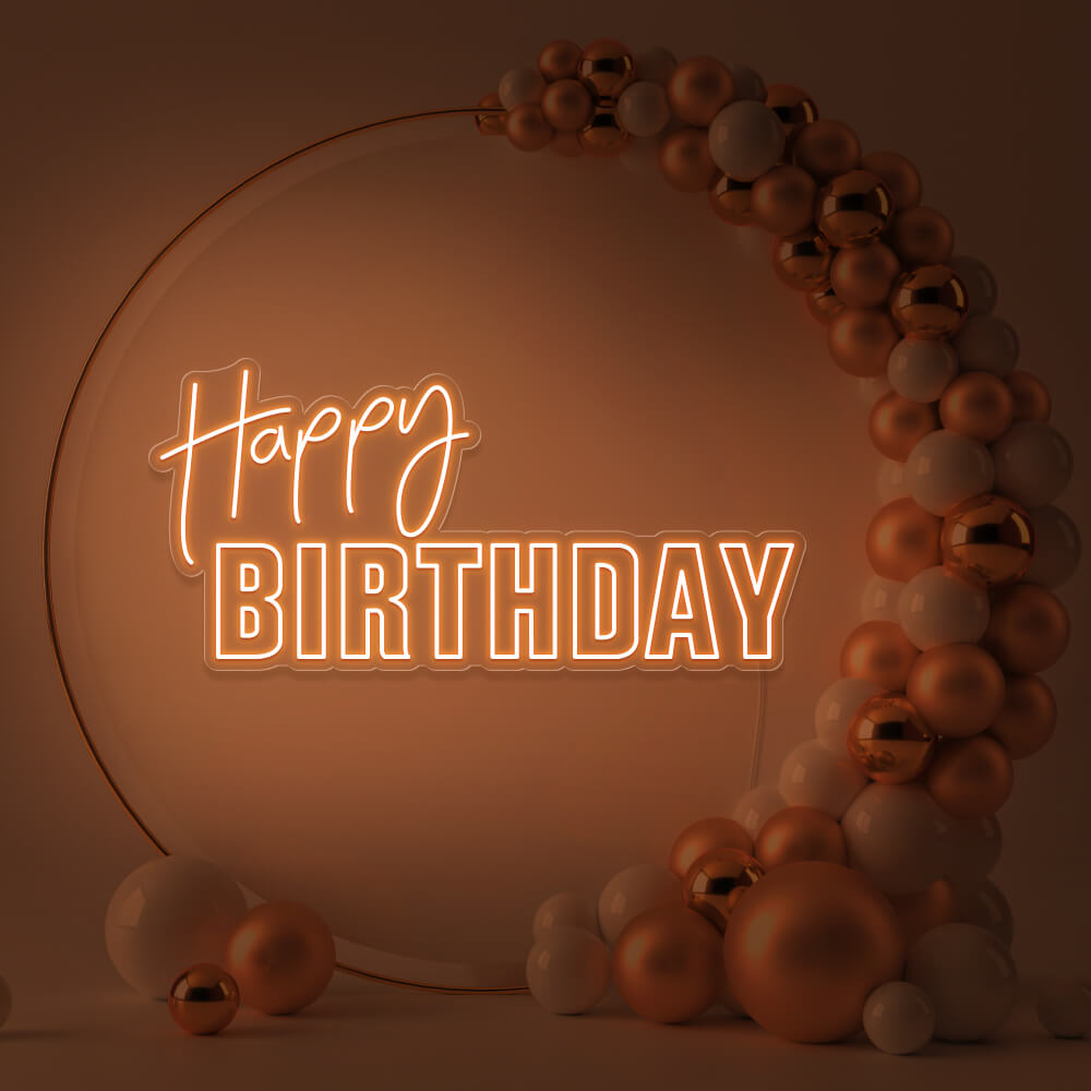 orange happy birthday neon sign hanging inside gold hoop balloon backdrop