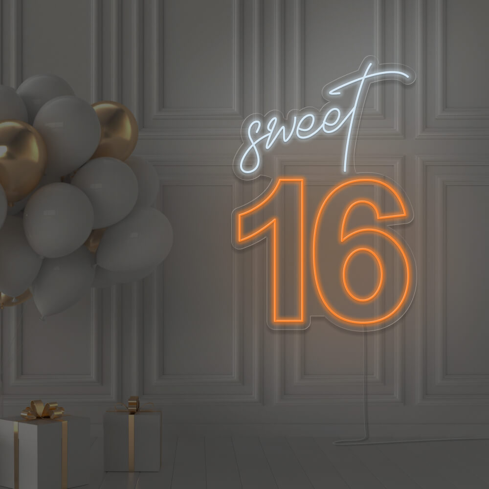 orange sweet 16 neon sign hanging on wall