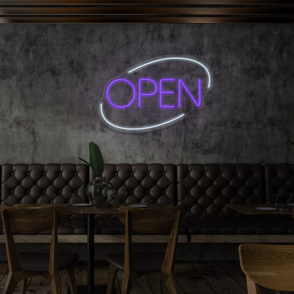 purple open neon sign hanging on restaurant wall