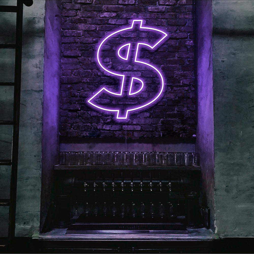 purple dollar neon sign hanging  on bar wall