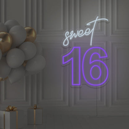 purple sweet 16 neon sign hanging on wall