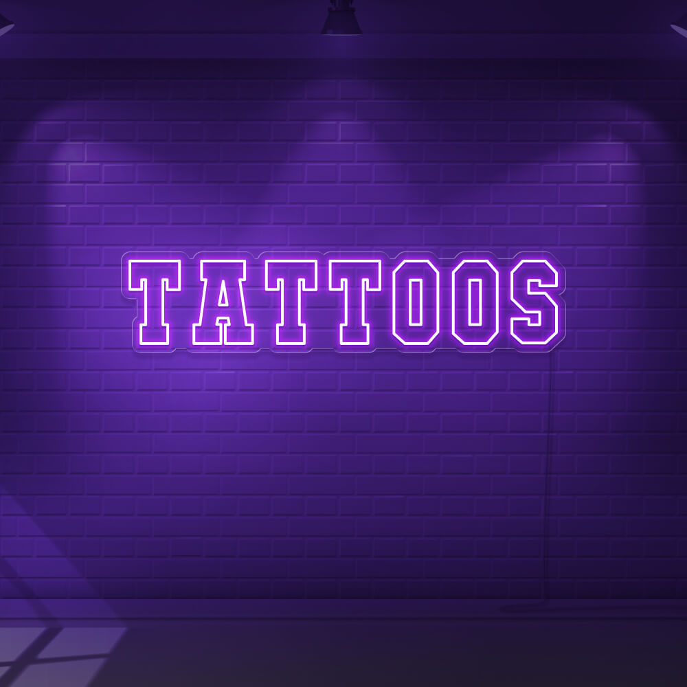 purple tattoos neon sign hanging on wall