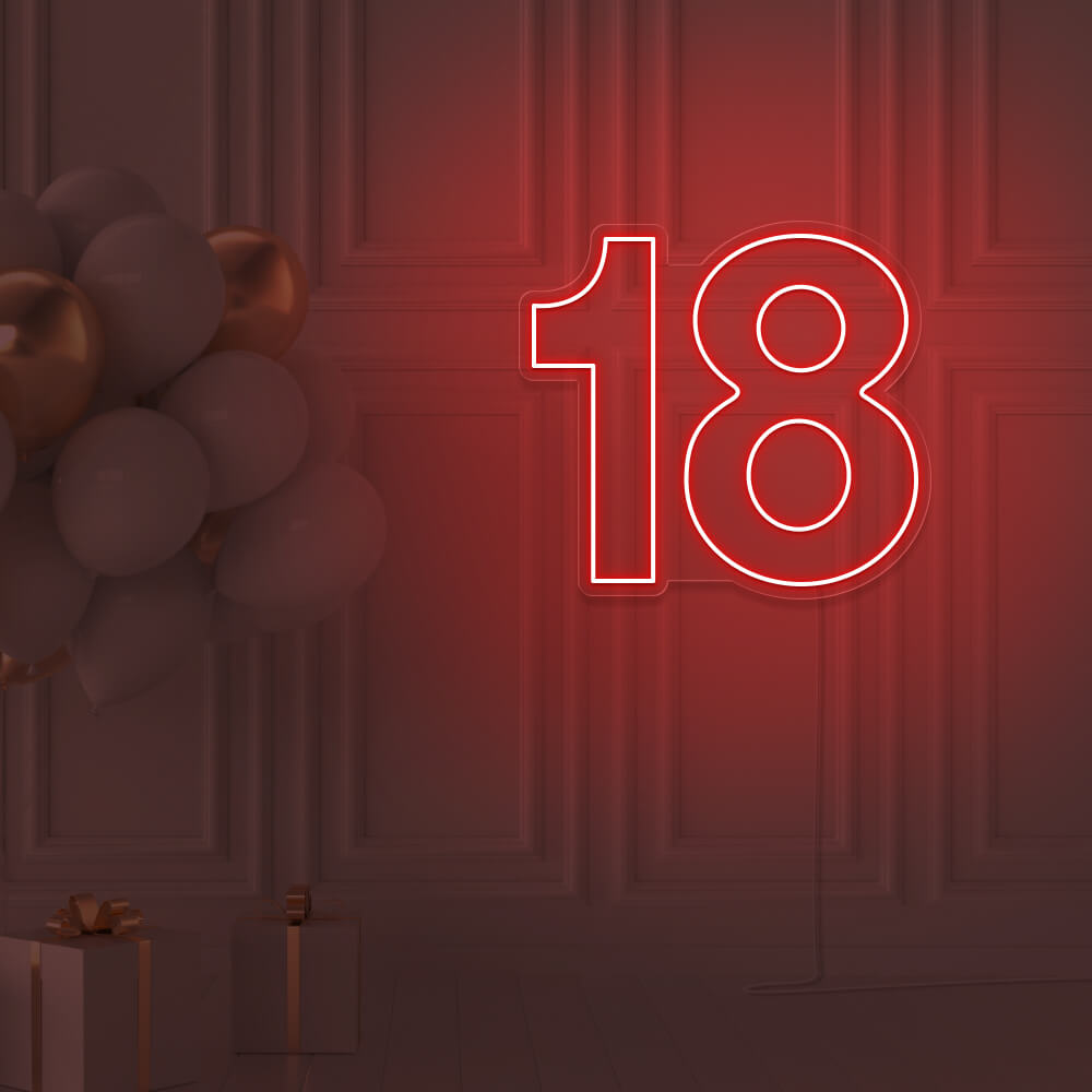 red 18 neon sign hanging on wall with balloons