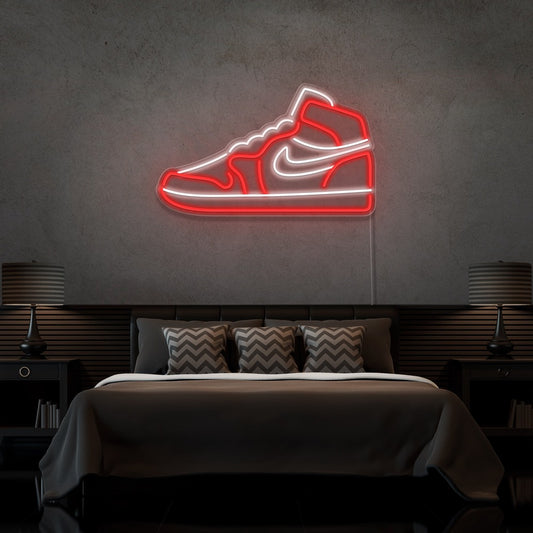 red air jordan 1 sneaker neon sign hanging on bedroom wall