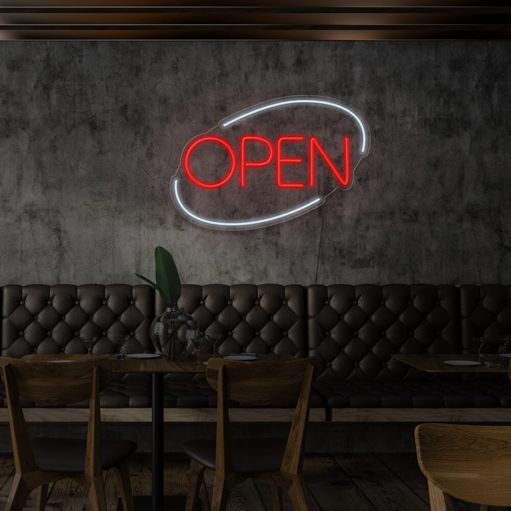 red open neon sign hanging on restaurant wall