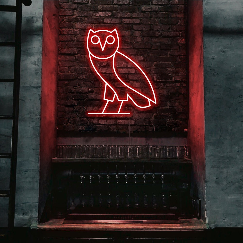 red drake ovo owl neon sign hanging on bar wall