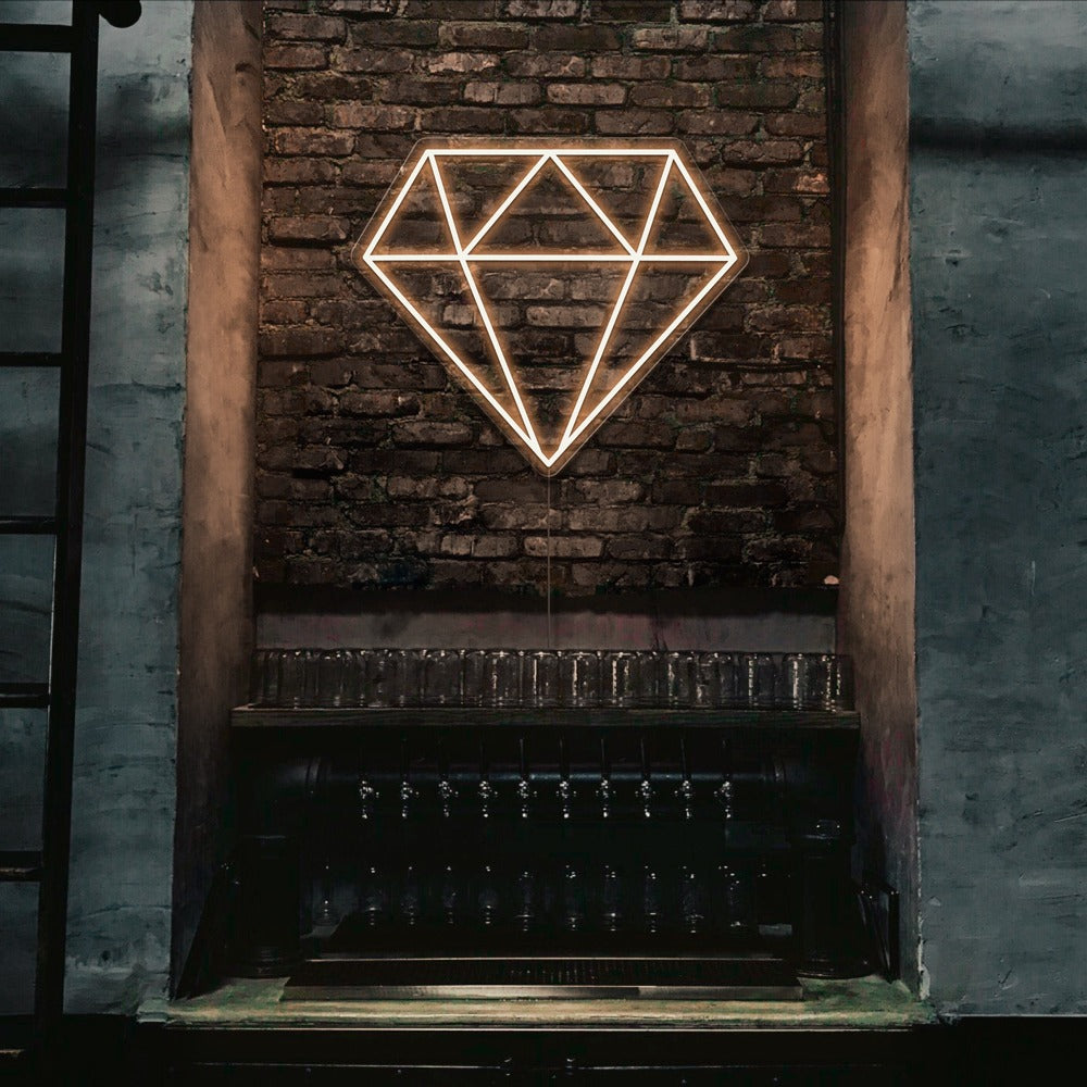 warm white diamond neon sign hanging on bar wall