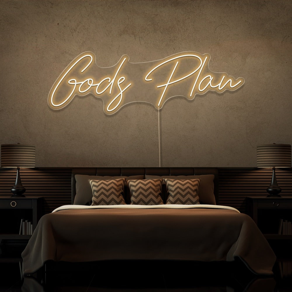 warm white gods plan neon sign hanging on bedroom wall