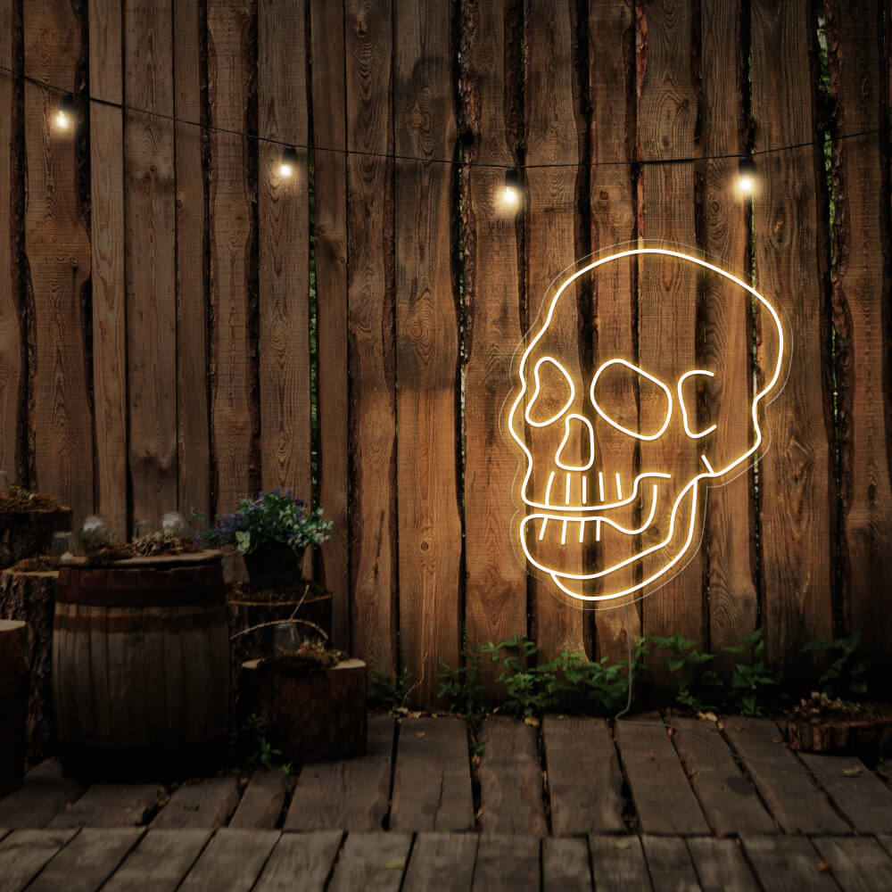 warm white skull neon sign hanging on timber fence