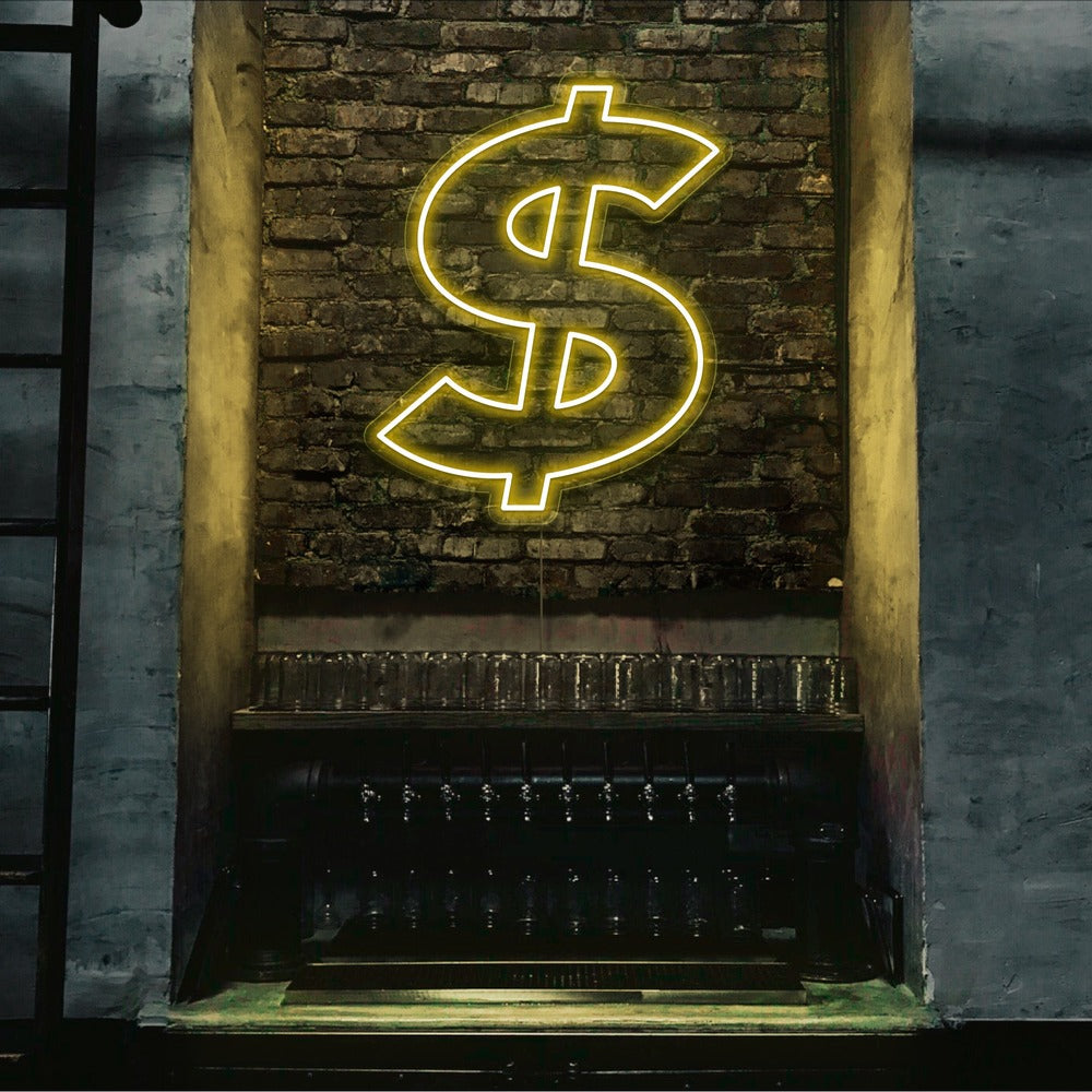 yellow dollar neon sign hanging on bar wall