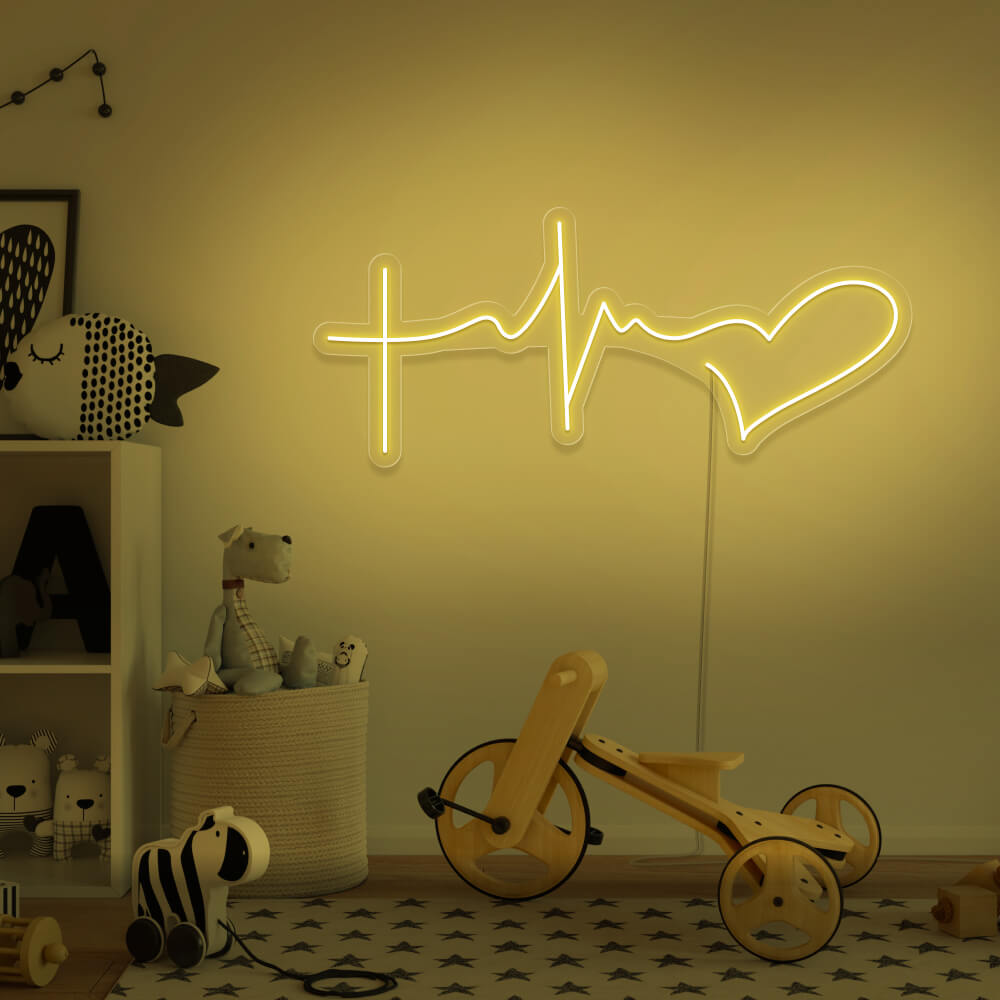 yellow faith hope love neon sign hanging on kids bedroom wall