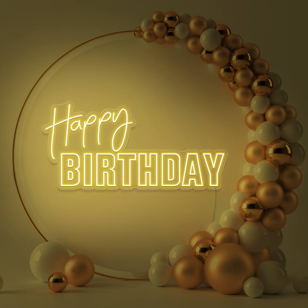 yellow happy birthday neon sign hanging inside gold hoop balloon backdrop