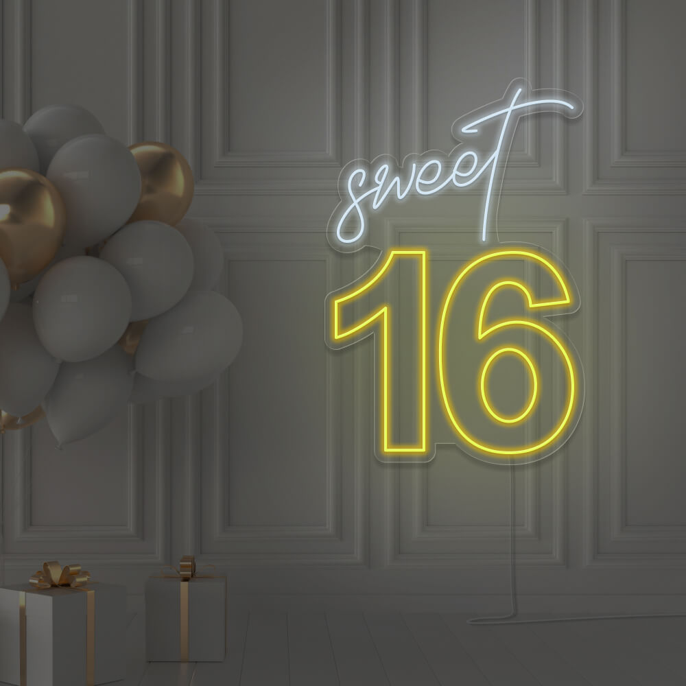 yellow sweet 16 neon sign hanging on wall